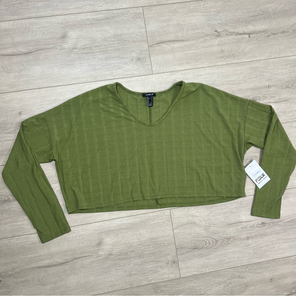 NEW Crop Top Publik long sleeve ribbed olive green shirt size Large Made in USA